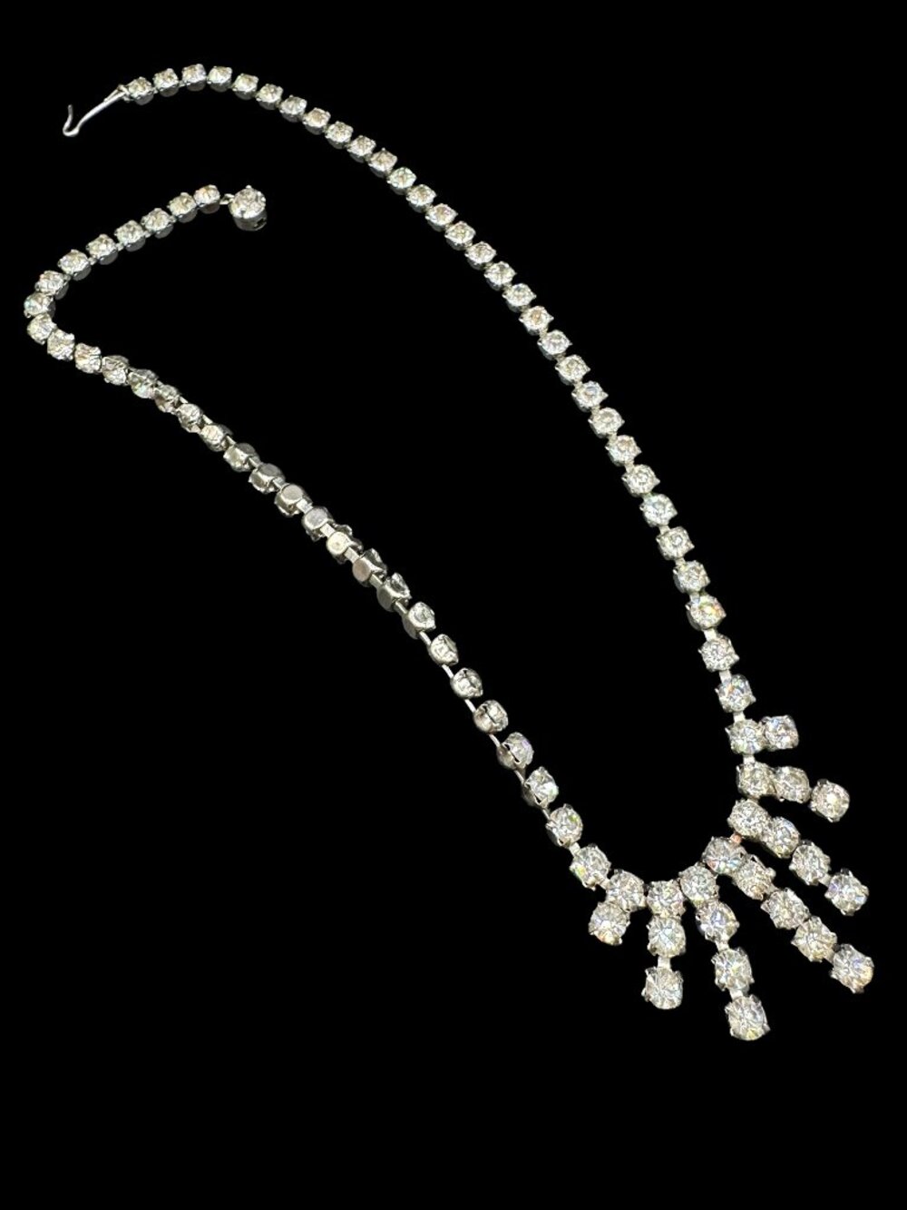 Vintage 1960s Rhinestones Necklace Clear and Silver Tone Hook Clasp Fringe Drops